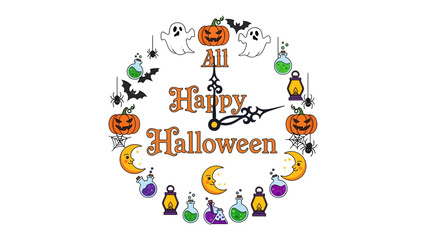 Naklejka premium Halloween Clock Illustration: A whimsical clock face adorned with classic Halloween motifs like pumpkins, ghosts, bats, and potions.