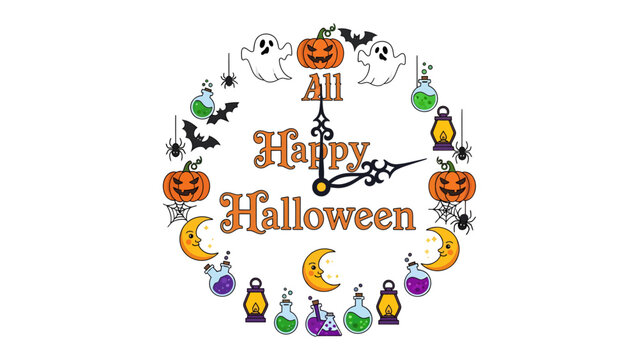 Halloween Clock Illustration: A whimsical clock face adorned with classic Halloween motifs like pumpkins, ghosts, bats, and potions.