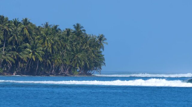 SLOW MOTION: Tropical island with palm trees and white lines of perfect breaking waves peeling across the reef in West Sumatra. Raw beauty of the Mentawais, a definition for a true surfing paradise.