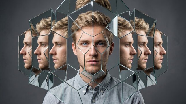 Creative reflection of a man in multiple mirrors showing different angles at a studio setting