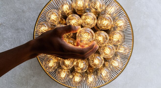 Hand holding a glowing bulb from a circular light fixture