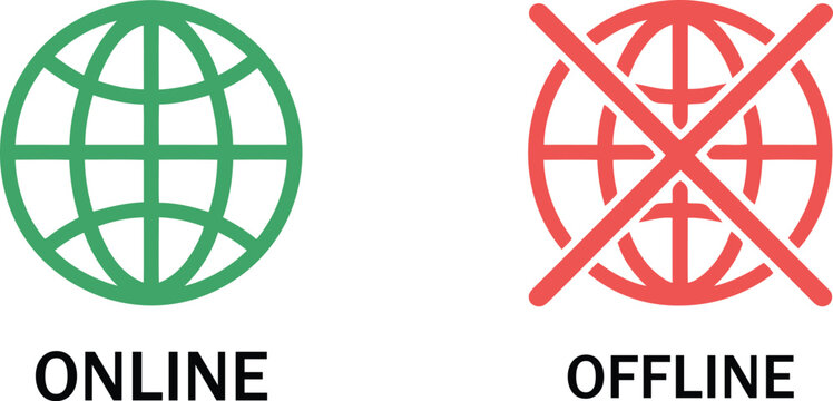 Online and offline globe with text labels, green globe for online and red crossed globe for offline earth