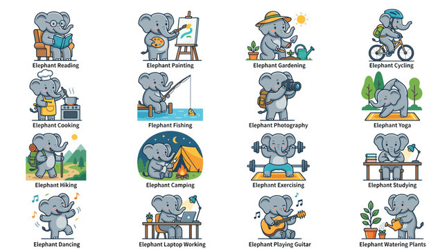 Ultra-premium flat vector illustration set of cute elephant characters doing various activities and lifestyle hobbies for design projects