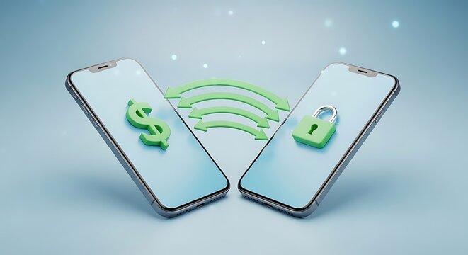 Two phones transferring money and data securely with dollar and lock.