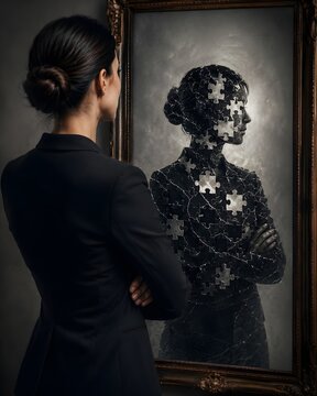 Imposter syndrome concept woman looking in mirror seeing broken puzzle reflection