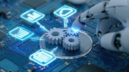 Fototapeta premium Robotic finger interacts with glowing digital gears and icons on circuit board