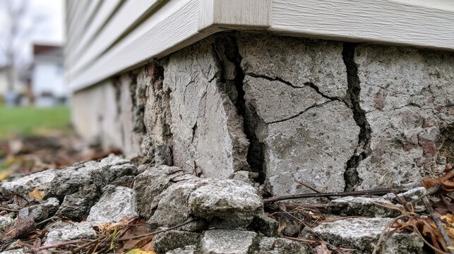 Cracked concrete foundation crumbles, exposing brick and debris