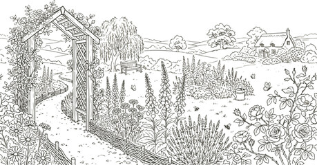 Fototapeta premium English country garden background with blooming flowers, willow tree, bench and rustic cottage, outline drawing for adult coloring book page