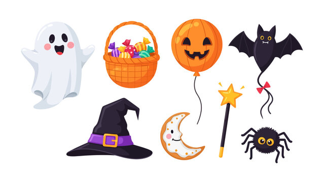 Halloween Character Collection: A whimsical assortment of festive Halloween icons including a friendly ghost, a candy-filled basket, a jack-o'-lantern balloon, a playful bat, a witch's hat.