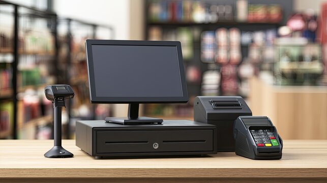 Modern point-of-sale system with scanner, monitor, cash drawer, and payment terminal