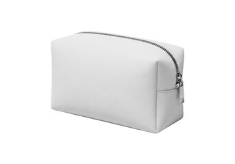 Naklejka premium Pristine blank white cosmetic pouch with finely textured fabric and sleek silver zipper, on a seamless transparent background with professional studio lighting. Concept for product branding
