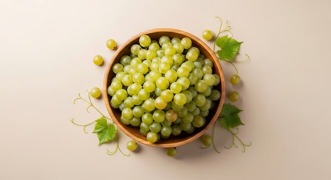 Fresh green grapes in wooden bowl with leaves on light background