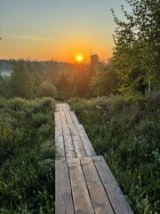 Fototapeta premium A wooden boardwalk path leads down a grassy hill towards a misty forest during a beautiful golden sunrise. Concept of new beginnings and hope.