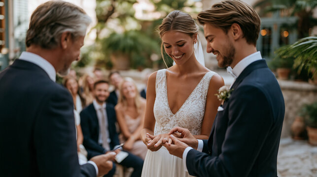 Officiant pausing the ring exchange as the groom fumbles nervously with the band, guests visibly amused in soft background focus, the bride covering her smile with one hand,
