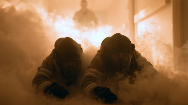 First responder volunteer training scenario unfolding in simulated smoke filled hallway at regional emergency services facility, trainees crawling in full gear with visibility