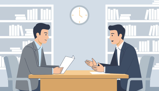 Two professional businessmen sit across a wooden table engaged in an interview or business discussion.