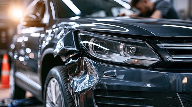 Damaged dark gray car bumper and headlight in repair shop
