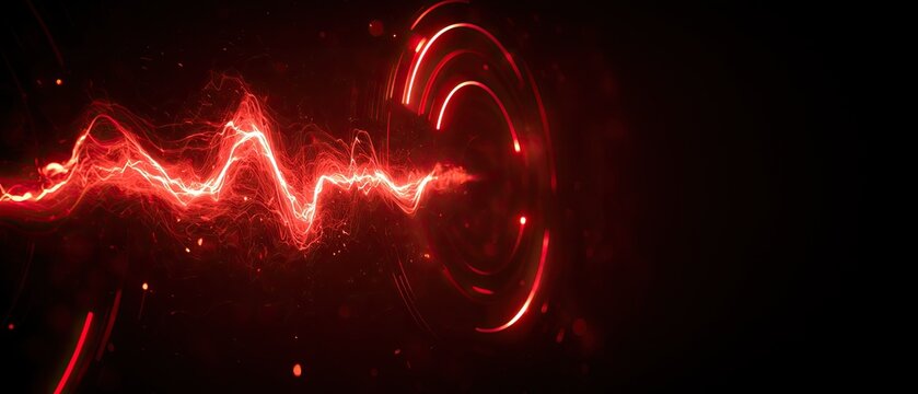 Red energy wave flowing towards a circular portal, sparks against black