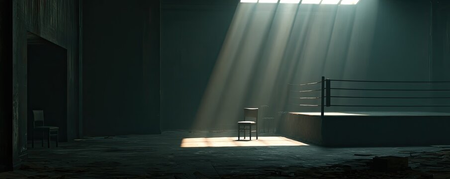 Empty boxing ring in a dusty, dimly lit room with dramatic light beams