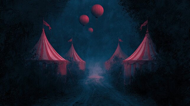 Eerie red and white circus tents under a dark, foggy sky with balloons