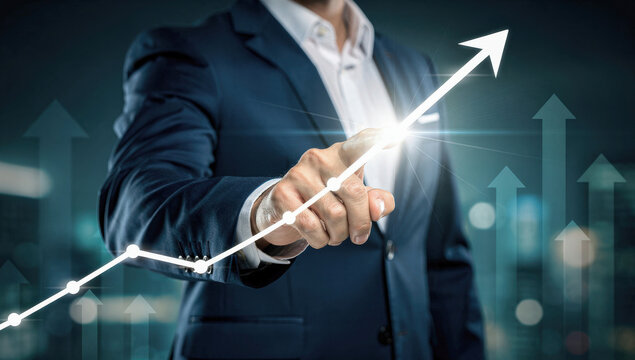 Businessman touching upward trending graph on digital interface showing business growth and success