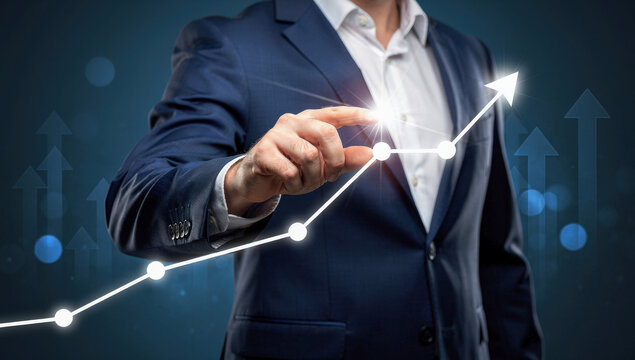 Businessman touching upward trending graph on digital interface showing business growth and success