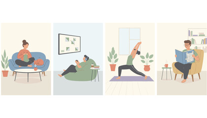 Fototapeta premium Four panels show people enjoying relaxing home activities like knitting, playing video games, yoga, and reading.
