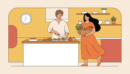 Fototapeta premium Romantic young couple prepares a healthy meal together in a beautifully decorated yellow kitchen space.