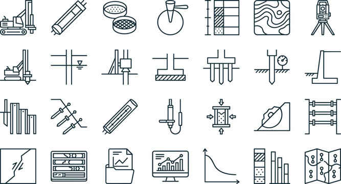 Geotechnical Engineering Soil Testing and Site Investigation Vector Icon Set Collection