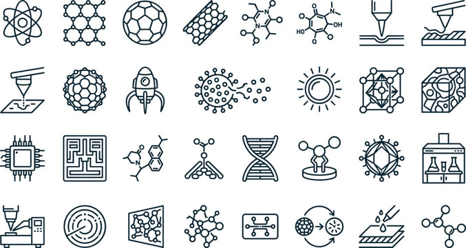 Nanotechnology Advanced Materials and Molecular Engineering Vector Icon Set Collection