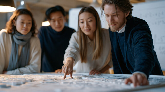 Multicultural group of young energy engineers collaborates around a physical scale model of a smart grid district, pointing to transmission nodes and storage locations, a