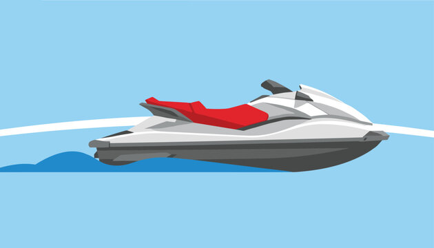 White and red jet ski speeding over ocean waves against a clear blue sky background in a clean flat design style.
