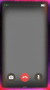 Neon pink smartphone video call interface mockup on transparent background. Creative mobile online meeting template with glowing grunge border and ui buttons.