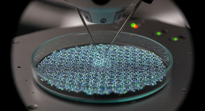 Blue beads in a laboratory setting.