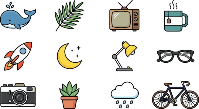 Cute Colored Line Art Vector Icon Set Featuring Whale, Palm Leaf, Vintage Television, Tea Mug, Rocket, Moon, Desk Lamp, Glasses, Camera, Plant, Rain Cloud, and Bicycle