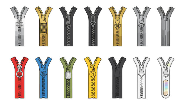 Fourteen different metal and plastic zippers in various colors and designs arranged in a clean grid layout.