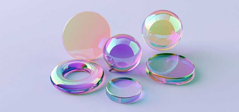 Colorful iridescent bubbles and soap bubble reflections on pastel