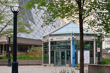 Naklejka premium Street level pedestrian entrance kiosk to MetroCentre on Wellington Street in downtown Toronto, providing access to the underground concourse and office complex