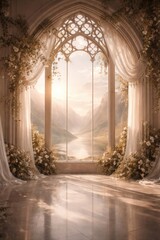 Naklejka premium Serene gothic window overlooking nature.