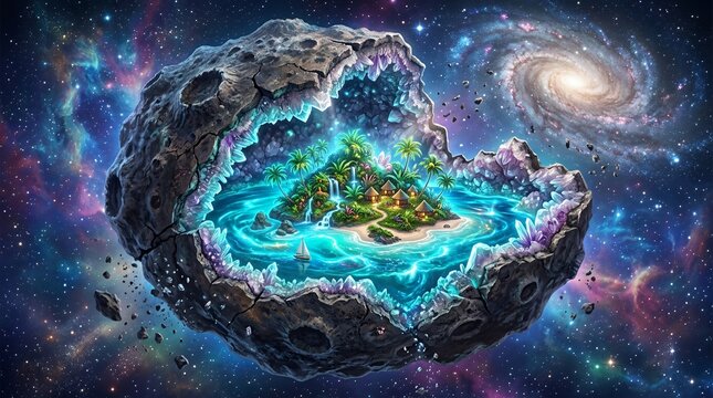 Tropical island paradise hidden inside floating crystalline space geode.