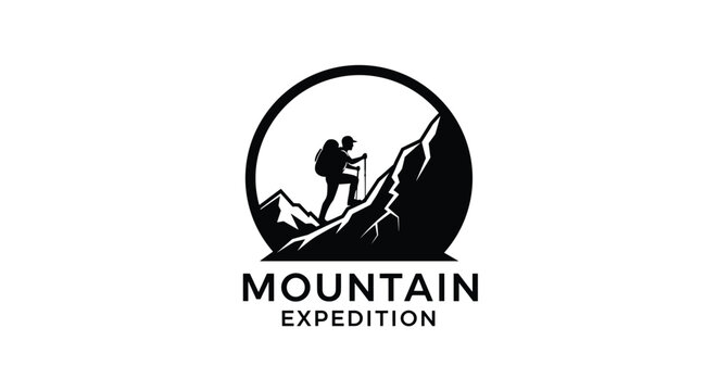 Silhouette logo of a hiker with a backpack climbing a steep mountain peak inside a circle for outdoor adventure and expedition branding.