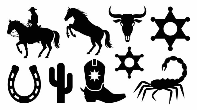 Black and white western themed icons set featuring cowboy, horse, scorpion, cactus, and sheriff badge symbols