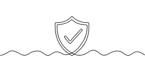 shield with a checkmark continuous one line drawing, Shield with checkmark continuous line art. Protect linear symbol. Guard drawing sign. one line Icon drawing, Cybersecurity shield with checkmark  © Line sA
