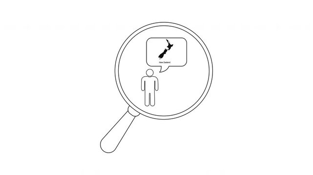 Magnifying glass over person thinking about New Zealand map.