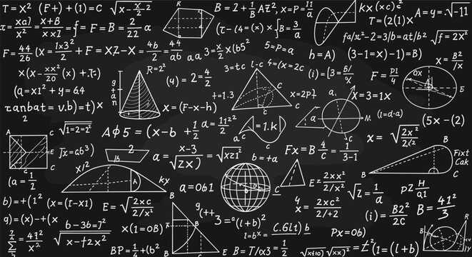 Complex mathematical and physical formulas, equations, and geometric diagrams hand drawn with white chalk on a dark chalkboard background.