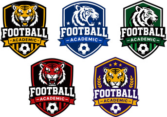 Obraz premium Football Academic Tiger Mascot Logo Collection, Soccer Academy Shield Badge Vector Set