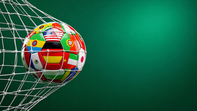 International Soccer Ball with World Flags in Goal Net, Global Football Championship Concept Background