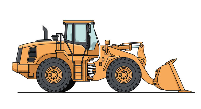 Large industrial front end loader construction machine in yellow color seen from a side view isolated on a white background for industry.