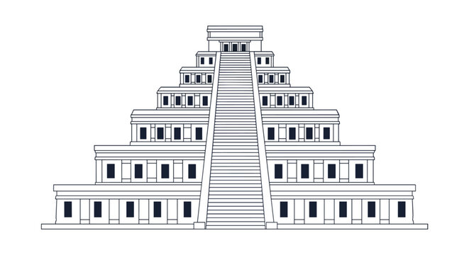 Simple line drawing of a stepped Mayan or Aztec pyramid temple structure with central stairs for historical and archaeological concepts.