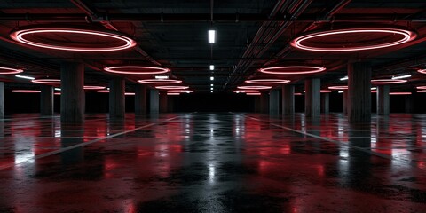Naklejka premium Neon-lit empty parking garage with wet floor and pillars